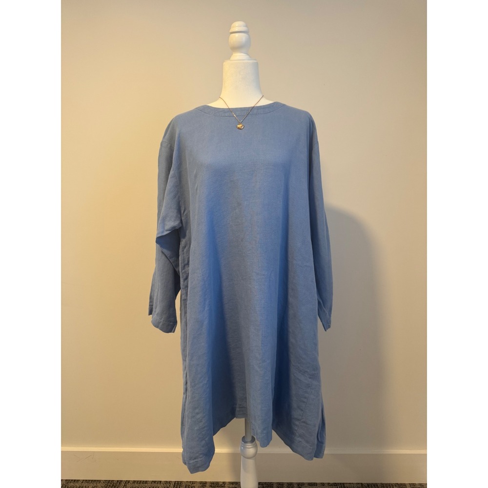 Eskandar Light Blue Linen Tunic‎ Dress OS Oversized Lagenlook Minimalist Pockets